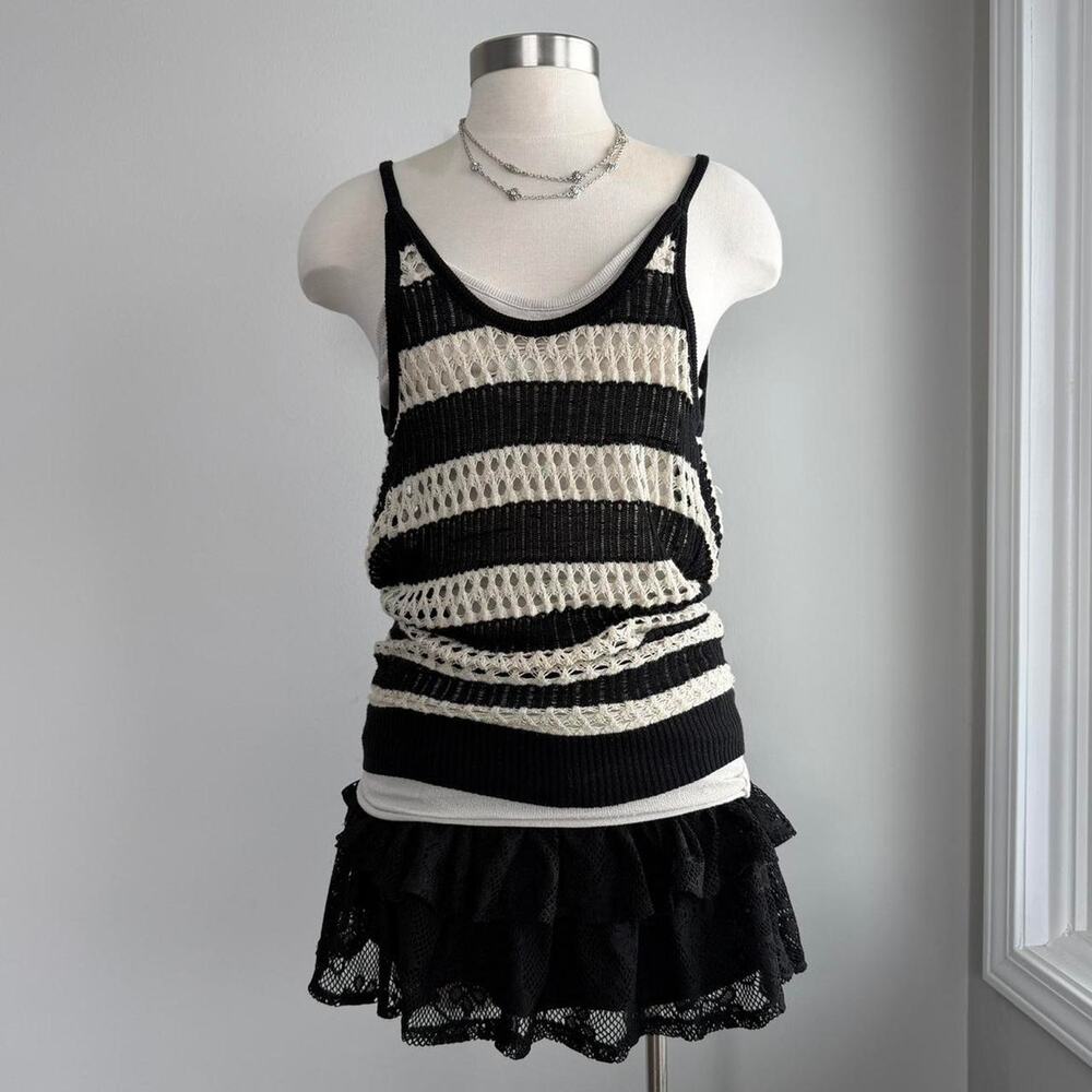 Y2k black and cream striped knit tank top with low back